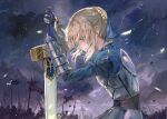  1girl absurdres ahoge armor armored_dress artoria_pendragon_(fate) blonde_hair braid clouds crown_braid excalibur_(fate/stay_night) fate/stay_night fate_(series) faulds gauntlets green_eyes hair_bun hands_on_hilt highres planted planted_sword saber solo sword tim_kong weapon 