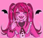  1girl arttsuu bandaid bat_wings black_hair colored_skin cosplay draculaura facial_tattoo fangs hatsune_miku hatsune_miku_(cosplay) highres monster_high pink_background pink_hair pink_skin pointy_ears striped_hair tattoo twintails vampire vampire_(vocaloid) violet_eyes vocaloid wings 