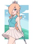  1girl alternate_costume artist_name bare_shoulders blonde_hair blue_eyes blue_shirt cremanata crown earrings eyelashes gloves golf_club hair_over_one_eye highres holding holding_golf_club jewelry mario_golf rosalina shirt single_glove skirt sleeveless sleeveless_shirt smile solo star_(symbol) star_earrings super_mario_bros. white_gloves white_skirt 