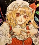  +_+ 1girl absurdres black_nails blonde_hair bracelet commentary_request crystal fangs flandre_scarlet frilled_sleeves frills hands_up hat hat_ribbon heart heart_hands highres jewelry long_hair looking_at_viewer mob_cap pointy_ears red_eyes red_ribbon red_vest ribbon ring smile solo touhou traditional_media upper_body vampire vest white_headwear wings yamazaki_tsukune 