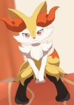  1girl animal_ear_fluff animal_ears animal_feet animal_hands animal_nose black_fur blurry blurry_background body_fur braixen closed_mouth commentary fox_ears fox_girl fox_tail full_body furry furry_female happy konkitsune_koukou looking_at_viewer multicolored_fur neck_fur own_hands_together pokemon pokemon_(creature) red_eyes sitting smile solo straight-on tail v_arms white_fur yellow_fur 