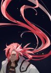  1boy absurdly_long_hair absurdres black_background black_shirt embers eyebrow_cut fate/grand_order fate_(series) floating_hair from_above hair_over_one_eye haruakira highres jacket long_hair male_focus multicolored_hair pink_eyes pink_hair shirt solo streaked_hair takasugi_shinsaku_(fate) upper_body very_long_hair white_jacket 