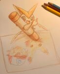  absurdres animal_focus arms_up art_tools_in_frame artist_name blue_eyes child&#039;s_drawing colored_pencil_(medium) commentary crayon drawing fangs happy highres holding holding_crayon no_humans open_mouth paper pencil pokemon pokemon_(creature) sketch smile solo tensaitou_tou traditional_media twitter_username victini watermark 