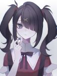  1girl ame-chan_(needy_girl_overdose) amu_(oill0) black_hair black_nails black_ribbon closed_mouth collar collared_shirt commentary_request hair_ornament hair_over_one_eye hair_tie hand_up highres holding_pill long_hair looking_at_viewer nail_polish neck_ribbon needy_girl_overdose pill red_shirt ribbon shirt shirt_tucked_in simple_background solo suspenders twintails upper_body violet_eyes white_background white_collar x_hair_ornament 