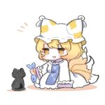  1girl black_cat blonde_hair cat chibi commentary_request dress fish fox_tail highres holding kurotaro long_sleeves multiple_tails notice_lines open_mouth simple_background smile tabard tail tassel touhou white_background white_dress white_headwear yakumo_ran yellow_eyes 