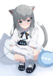  1girl absurdres animal_ears blue_eyes cat_ears cat_girl cat_tail creature dress full_body grey_hair highres indie_virtual_youtuber long_hair long_sleeves looking_at_viewer nachoneko parted_lips shinshia_(sinsia_0928) short_dress sleeves_past_fingers sleeves_past_wrists slippers squatting tail virtual_youtuber white_dress 