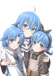  3girls absurdres ahoge blue_eyes blue_hair braid hairband highres hood hooded_jacket jacket lara_greyrat lily_greyrat long_braid mother_and_daughter multiple_girls mushoku_tensei non-web_source open_mouth ribbon roxy_migurdia sweater syagare upper_body white_background white_ribbon 