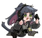  1girl absurdres animal_ears arknights assault_rifle black_collar cat_ears cat_girl cat_tail collar colored_inner_hair dual_wielding finger_on_trigger green_eyes grey_hair grey_jacket grey_shirt gun guns_akimbo_(movie) handgun highres holding holding_gun holding_weapon holster id_card infection_monitor_(arknights) ingsae jacket jessica_(arknights) jessica_the_liberated_(arknights) long_hair long_sleeves multicolored_hair official_alternate_costume open_clothes open_jacket open_mouth parody pink_hair ponytail rifle shirt simple_background solo tail upper_body weapon white_background 
