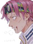  1boy blood blood_from_mouth bruise coby_(one_piece) eyewear_on_head from_side headband injury kerama_go long_sideburns male_focus nosebleed one_piece pink_hair portrait profile short_hair sideburns sideburns_stubble solo upper_body yellow_headband zipper 