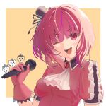  arima_kana black_headwear blush bob_cut chiikawa gloves happy hat highres holding holding_microphone idol idol_clothes inverted_bob looking_at_viewer microphone one_eye_closed open_mouth orange_background oshi_no_ko pink_gloves powdered_milk99 red_eyes red_shirt redhead shirt short_hair simple_background smile solo upper_body 