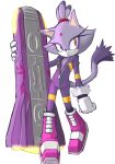  1girl animal_ears blaze_the_cat cat_ears cat_girl cat_tail forehead_jewel fur-trimmed_gloves fur_trim furry furry_female gloves hourou hover_board jumpsuit looking_at_viewer partially_unzipped pink_footwear purple_fur purple_jumpsuit sonic_(series) sonic_riders tail white_background white_gloves yellow_eyes 