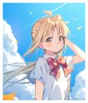  1girl blonde_hair blue_sky bocchi_the_rock! bow bowtie clouds highres holding holding_hair ijichi_nijika long_hair red_bow red_bowtie shirt sky smile solo summer very_long_hair white_shirt wind yellow_eyes zoirun 