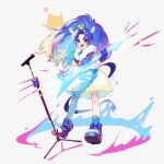  1girl animal_ears blue_eyes blue_footwear blue_gloves blue_hair blue_jacket blush boots bubble_skirt cure_gelato full_body gloves holding holding_plectrum jacket kirakira_precure_a_la_mode kuronuma_s long_hair microphone microphone_stand open_mouth plectrum precure short_sleeves simple_background single_thighhigh skirt smile solo tail tategami_aoi thigh-highs twitter_username watermark white_background yellow_skirt 