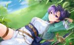  1girl absurdres arms_behind_head blue_sky commission dress fir_(fire_emblem) fire_emblem fire_emblem:_the_binding_blade fire_emblem_heroes green_jacket hair_between_eyes haru_(nakajou-28) highres jacket looking_at_viewer official_alternate_costume on_grass open_clothes open_jacket purple_hair second-party_source sky smile solo sword violet_eyes weapon 