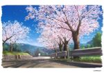  absurdres blue_sky cherry_blossoms clouds cloudy_sky forest grass highres mountain mountainous_horizon nature no_humans original path road scenery sign sky sunrise_arte tree 
