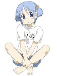  1girl :| barefoot blue_eyes blue_hair blue_shorts closed_mouth commentary cube_hair_ornament expressionless full_body gym_uniform hair_ornament highres indian_style looking_at_viewer naganohara_mio nakakiwaz nichijou raised_eyebrow shirt short_hair short_sleeves short_twintails shorts sitting sketch solo symbol-only_commentary toes twintails white_shirt 