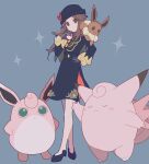  1girl 343rone absurdres black_dress black_footwear black_headwear brown_eyes brown_hair clefable closed_mouth commentary_request crossed_legs dress gloves grey_background hair_flaps hand_on_own_hip hand_up hat highres holding holding_poke_ball leaf_(champion)_(pokemon) leaf_(pokemon) long_hair long_sleeves official_alternate_costume on_shoulder poke_ball pokemon pokemon_(creature) pokemon_(game) pokemon_masters_ex pokemon_on_shoulder premier_ball shoes sparkle standing watson_cross wigglytuff 