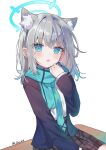  1girl :o animal_ear_fluff animal_ears blazer blue_archive blue_eyes blue_scarf blush cat_ears desk extra_ears grey_hair hair_ornament halo hand_up highres jacket long_sleeves looking_at_viewer luna_(luna610) medium_hair mismatched_pupils open_clothes open_jacket open_mouth parted_lips plaid plaid_skirt pleated_skirt scarf school_desk school_uniform shiroko_(blue_archive) shirt simple_background sitting skirt solo twitter_username white_background white_shirt 