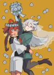  2girls absurdres ahoge aqua_eyes asticassia_school_uniform black_footwear black_hairband blue_flower blush boots bouquet cowboy_shot dou_(mame_eee) flower green_jacket green_shorts grey_eyes grey_hair gundam gundam_suisei_no_majo hair_between_eyes hair_flower hair_ornament hairband hand_on_another&#039;s_shoulder hand_on_another&#039;s_waist high_heel_boots high_heels highres holding holding_bouquet jacket long_hair long_sleeves looking_at_viewer low_ponytail miorine_rembran multi-tied_hair multiple_girls open_mouth pantyhose redhead school_uniform short_hair_with_long_locks shorts shoulder_boards simple_background smile suletta_mercury thick_eyebrows white_jacket white_shorts wide-eyed wife_and_wife yellow_background yuri 