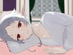  1girl bed blurry blurry_background closed_mouth elf grey_hair highres indoors looking_at_viewer lying mushoku_tensei nightgown on_bed on_side pointy_ears red_eyes short_hair smile solo sylphiette_(mushoku_tensei) tumugi_sunohara window 
