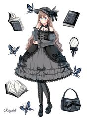  1girl bag black_bow black_dress black_footwear black_pantyhose blue_eyes book bow brown_hair bug butterfly center_frills detached_collar detached_sleeves dress dress_bow earrings finger_to_cheek flower footwear_bow frills full_body gothic_lolita grey_dress grey_headwear hair_between_eyes hand_mirror hand_on_own_elbow handbag hat hat_feather hat_flower high_heels highres iceblue index_finger_raised jewelry lace-trimmed_dress lace_trim lolita_fashion long_sleeves looking_at_viewer mirror open_book original pantyhose pendant puffy_detached_sleeves puffy_sleeves pumps simple_background sleeveless sleeveless_dress solo standing star_(symbol) star_earrings veil wavy_hair white_background 