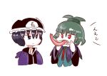  2others adagumo_no_saragimaru androgynous black_headwear black_shirt black_sleeves blowing_raspberry blue_shirt capelet chikafumikou closed_mouth collar collared_capelet collared_shirt commentary_request fangs forked_tongue frilled_hat frills green_hair green_trim hair_ornament hands_on_own_cheeks hands_on_own_face hat hood hood_down hooded_jacket jacket japanese_clothes len&#039;en light_frown long_sleeves looking_at_another mob_cap multiple_others necktie open_clothes open_jacket open_mouth partially_translated purple_capelet purple_hair purple_jacket purple_trim red_eyes red_necktie shirt shitodo_kuroji short_hair short_ponytail snake_hair_ornament tongue tongue_out translation_request triangular_headpiece tsurime upper_body v-shaped_eyebrows violet_eyes white_background white_collar wide_sleeves 