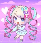  1girl :d blonde_hair blue_bow blue_eyes blue_footwear blue_hair blue_shirt blue_skirt blush bow chibi chouzetsusaikawa_tenshi-chan clouds commentary_request full_body hair_bow hair_ornament hand_up heart heart_hair_ornament ichihara_naga long_hair long_sleeves looking_at_viewer multicolored_hair needy_girl_overdose open_mouth pink_bow pink_hair pleated_skirt purple_bow quad_tails sailor_collar school_uniform serafuku shirt shoes skirt smile solo standing standing_on_one_leg twintails v_over_mouth very_long_hair yellow_bow 