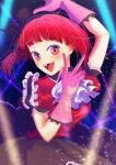  1girl arima_kana black_headwear black_skirt bob_cut gloves happy hat highres idol idol_clothes inverted_bob looking_at_viewer open_mouth oshi_no_ko pink_gloves red_eyes redhead sayu_design7 short_hair skirt smile solo stage stage_lights v 