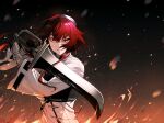  1girl aged_up black_gloves closed_mouth eris_greyrat fire frown gauntlets gloves hair_between_eyes hibi_gakeppuchi highres holding holding_sword holding_weapon long_hair long_sleeves looking_at_viewer mushoku_tensei red_eyes redhead solo sword upper_body weapon 
