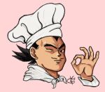  1boy black_hair chef chef_hat commentary cristal-knight dated dragon_ball english_commentary facial_hair hat looking_at_viewer mustache name_connection ok_sign one_eye_closed parody pink_background real_life scarf screentones signature simple_background solo spiky_hair v-shaped_eyebrows vegeta vegeta_(seasoning) white_headwear white_scarf 