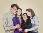  1boy 3girls becky_sregor black_eyes black_hair blue_hoodie brown_eyes brown_hair collared_shirt dododdoddo121 evelyn_quan_wong everything_everywhere_all_at_once glasses heads_together highres hood hoodie hug joy_wong korean_commentary light_smile long_hair looking_at_viewer michelle_yeoh mole mole_above_mouth multiple_girls shirt short_hair simple_background smile sweater waymond_wang 