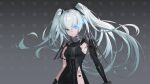  1girl absurdres black_dress black_gloves black_rock_shooter character_request closed_mouth commentary_request dress flaming_eye gloves grey_hair hair_between_eyes highres long_hair maoliaijulizi mechanical_arms punishing:_gray_raven side_slit sidelocks single_mechanical_arm solo twintails 