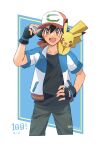  1boy :d ash_ketchum black_gloves black_hair black_shirt blue_jacket border brown_eyes commentary_request fingerless_gloves gloves hand_on_headwear hand_up highres jacket male_focus open_clothes open_jacket open_mouth pants pikachu pokemon pokemon_(anime) pokemon_(creature) pokemon_the_movie:_the_power_of_us shirt short_hair short_sleeves smile tongue uguisu_(sugardollhomelif) white_border 