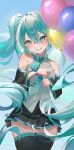  1girl absurdres balloon bare_shoulders black_skirt black_sleeves black_thighhighs blue_background blue_eyes blue_hair blue_necktie collared_shirt commentary_request detached_sleeves floating_hair grey_shirt hatsune_miku highres holding holding_balloon long_hair long_sleeves may.l necktie pleated_skirt shirt skirt sleeveless sleeveless_shirt smile solo thigh-highs tie_clip twintails very_long_hair vocaloid wide_sleeves 