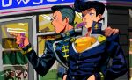  2boys anchor_symbol black_hair blue_eyes blush buttons clothes_writing convenience_store diamond_wa_kudakenai dollar_sign drinking earrings facial_mark gakuran glass_door grey_hair hand_on_another&#039;s_shoulder hands_in_pockets heart higashikata_josuke highres jewelry jojo_no_kimyou_na_bouken looking_to_the_side male_focus multicolored_hair multiple_boys nijimura_okuyasu open_mouth outdoors peace_symbol pointing pompadour ramune school_uniform shelf shirt shop sparkle stud_earrings sweat two-tone_hair upper_body user_ftf4740 v-shaped_eyebrows yellow_shirt zipper 