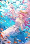  1girl ahoge bracelet bubble dress fish hair_over_one_eye hand_on_own_chest head_wreath heart heart_ahoge highres jewelry long_dress long_hair maria_marionette multicolored_hair nijisanji nijisanji_en pink_hair purple_hair resinix_lin solo streaked_hair underwater virtual_youtuber white_dress 