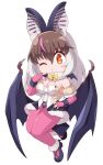  1girl animal_ears bat_ears bat_girl bat_wings brown_eyes brown_hair brown_long-eared_bat_(kemono_friends) elbow_gloves extra_ears fingerless_gloves gloves grey_hair highres kemono_friends kemono_friends_v_project leotard long_hair looking_at_viewer microphone one_eye_closed pantyhose rakugaki_arai shoes simple_background skirt solo virtual_youtuber wings 