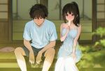  1boy 1girl alternate_costume artist_logo bare_arms bare_shoulders black_hair black_shorts blurry blurry_background blush breasts brown_hair chitanda_eru collarbone dress feet_out_of_frame green_eyes highres hyouka large_breasts long_hair mery_(yangmalgage) oreki_houtarou outdoors ponytail shirt short_hair short_shorts shorts sitting summer sun sweat violet_eyes white_dress white_shirt 