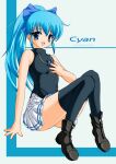  1girl 2000s_(style) archived_source arm_at_side ashita_yaru bare_arms bare_shoulders black_footwear black_shirt black_thighhighs blue_bow blue_eyes blue_hair borrowed_character bow character_name commentary_request double_horizontal_stripe full_body hair_between_eyes hair_bow hand_on_own_chest jewelry light_blue_hair long_hair miniskirt necklace original pleated_skirt ponytail shirt sidelocks sitting skirt sleeveless sleeveless_shirt solo thigh-highs white_skirt 