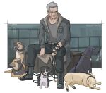  1boy 5others 621_(armored_core_6) absurdres animal_collar animalization armored_core armored_core_6 boots collar crate dog ears_down grey_hair handler_walter highres holding holding_leash jacket leash multiple_others open_clothes open_jacket puppy scar scar_across_eye scar_on_face zen_(jirakun) 