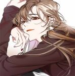  1girl brown_eyes brown_nails brown_shirt close-up earrings hand_on_own_head hinizana jewelry korean_commentary light_brown_hair long_hair long_sleeves looking_at_viewer omniscient_reader&#039;s_viewpoint shirt simple_background smile solo white_background yoo_sangah 
