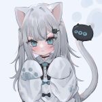  &gt;:) 1_(z_tsubou) 1girl :3 absurdres animal_ears cat_ears cat_girl cat_tail dress grey_hair hair_ornament hairclip highres indie_virtual_youtuber long_hair long_sleeves looking_at_viewer nachoneko paw_pose sleeves_past_fingers sleeves_past_wrists tail v-shaped_eyebrows virtual_youtuber white_dress 