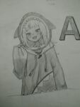  1girl absurdres animal_hood blue_eyes blue_hoodie drawing gawr_gura greyscale highres hololive hololive_english hood hoodie long_hair monochrome non-web_source open_mouth self-upload shark shark_hood v 