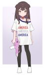  1girl absurdres alternate_costume animal_ears black_pantyhose blush border brown_eyes brown_hair choker collarbone dog_ears english_commentary flat_chest full_body gun heart highres holding holding_gun holding_weapon indie_virtual_youtuber inukai_purin long_hair lucabassiart off_shoulder outside_border pantyhose purple_background red_choker shirt smile socks solo straight-on united_states v-shaped_eyebrows virtual_youtuber weapon weapon_request white_border white_shirt white_socks 