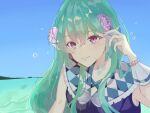  1girl finana_ryugu finana_ryugu_(1st_costume) fins flower frilled_sailor_collar frills green_hair hair_flower hair_ornament head_fins highres iwi_(ilveluc) long_hair nijisanji nijisanji_en purple_flower sailor_collar solo violet_eyes virtual_youtuber wrist_cuffs 