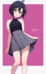  1girl absurdres antenna_hair bare_shoulders black_hair black_shirt blush earrings embarrassed feet_out_of_frame flat_chest gyorui_(katsuwo_drawing) high-waist_skirt highres idolmaster idolmaster_(classic) jewelry kikuchi_makoto looking_at_viewer parted_lips shirt short_hair skirt skirt_hold sleeveless sleeveless_shirt solo sweatdrop two-tone_background violet_eyes wavy_mouth 