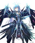  absurdres aimu_(angry9565) armor armored_boots armored_dress artist_name blue_hair blue_halo boots code:_sariel_(elsword) code:_ultimate_(elsword) cracked_mask crying crying_with_eyes_open elsword energy eve_(elsword) gloves halo highres holding holding_sword holding_weapon jewelry katana long_hair looking_at_viewer mask mechanical_gloves mechanical_wings open_mouth pointing pointing_at_viewer rimuru_tempest sad sheath sheathed shoulder_armor simple_background spikes sword tears tensei_shitara_slime_datta_ken twitter_username watermark weapon white_background wings yellow_eyes 