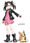  1girl ankle_boots asymmetrical_bangs black_choker black_footwear black_hair black_jacket black_nails boots character_name choker commentary_request dress earrings full_body green_eyes hair_ribbon highres holding holding_poke_ball jacket jewelry mandei_(nao_1234567) marnie_(pokemon) morpeko morpeko_(full) nail_polish open_clothes open_jacket pink_dress poke_ball poke_ball_(basic) pokemon pokemon_(creature) pokemon_(game) pokemon_swsh red_ribbon ribbon standing white_background 