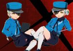  2boys 2girls armband baton_(weapon) black_footwear black_ribbon black_shorts blue_headwear blue_shirt braid caroline_(persona_5) clipboard closed_mouth double_bun expandable_baton eyepatch grin hair_bun high_heels holding holding_clipboard justine_(persona_5) long_sleeves masuiiizo matching_outfits multiple_boys multiple_girls persona persona_5 red_background ribbon shirt shorts siblings smile socks twins weapon white_socks yellow_eyes 