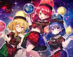  3girls black_headwear black_shirt blonde_hair blue_eyes blue_hair blue_skirt blush chain closed_mouth clothes_writing earth_(ornament) frilled_skirt frills green_skirt hair_between_eyes hecatia_lapislazuli hecatia_lapislazuli_(earth) hecatia_lapislazuli_(moon) highres medium_hair moon_(ornament) moshihimechan multicolored_clothes multicolored_skirt multiple_girls multiple_persona navel off-shoulder_shirt off_shoulder one_eye_closed open_mouth polos_crown red_eyes red_skirt redhead shirt short_sleeves skirt smile t-shirt touhou yellow_eyes 
